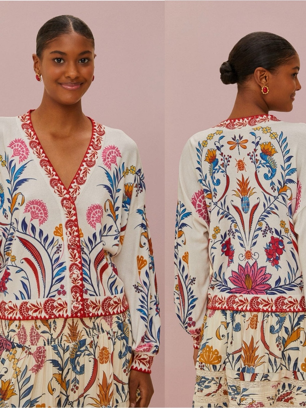 FARM Rio Cream Romantic Lightness Knit Cardigan Size Xxs Floral Button Up V Neck